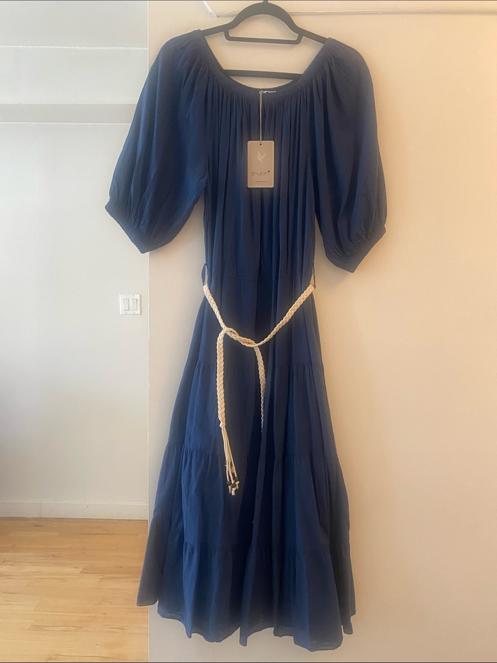 Boho Navy Maxi Dress with Puff Sleeves and Braided Belt